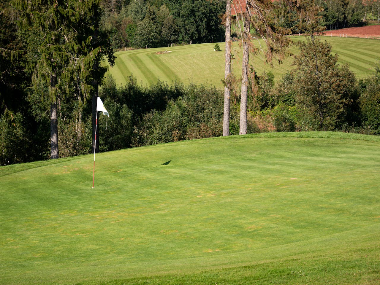 Vibrant green golf course fairway featuring flagstick, ideal for outdoor sports settings.